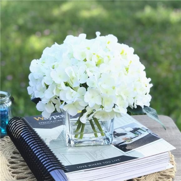 Artificial Hydrangea Silk Flowers Arrangements in Cube Glass Vase for Home